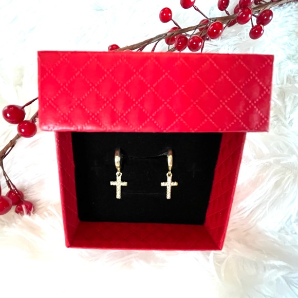 New Sterling Silver Gold Plated Micro Paved Charm Cross Earrings - Picture 7 of 7